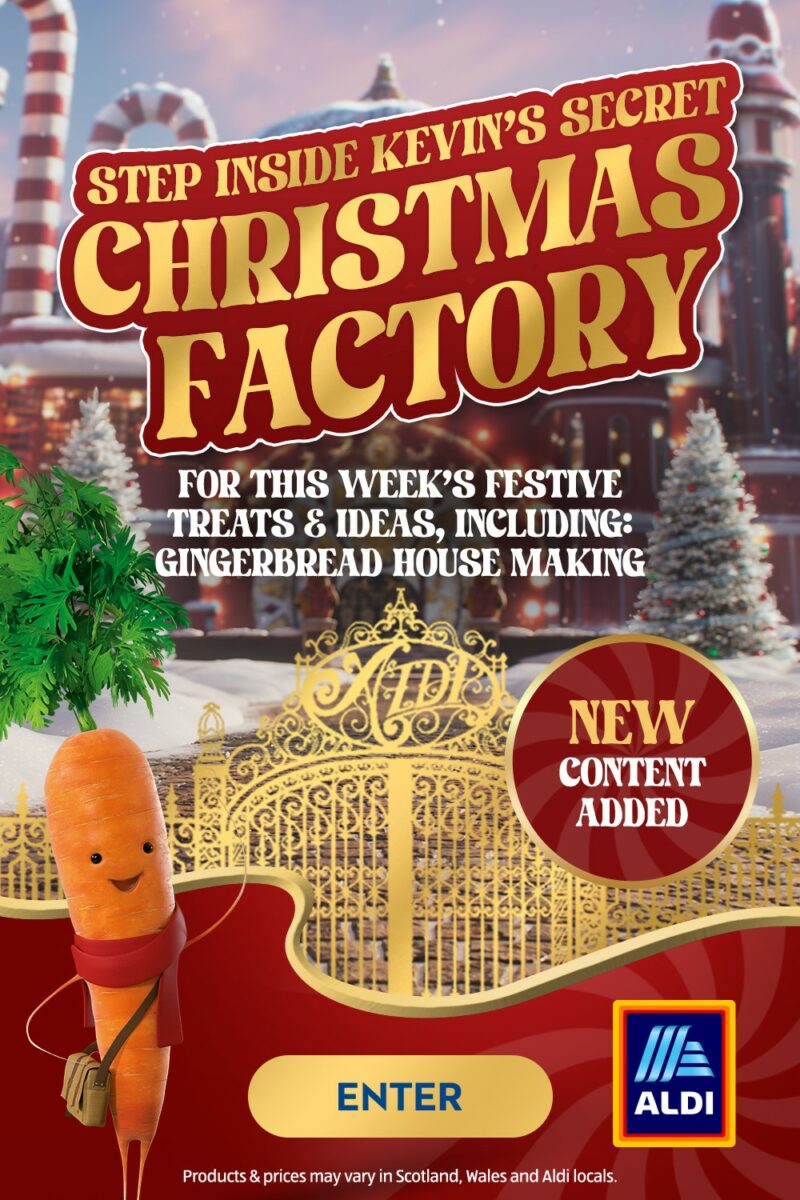 Aldi Pinterest collaboration, featuring Kevin the Carrot and Christmas imagery