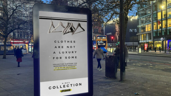 Lifeshare billboard reading "Clothes are not a luxury for some". Maxine Peake is fronting a campaign for Manchester's oldest homeless charity Lifeshare, which coincides with a Chanel's Metiers d'Art show which is currently taking place in the city.