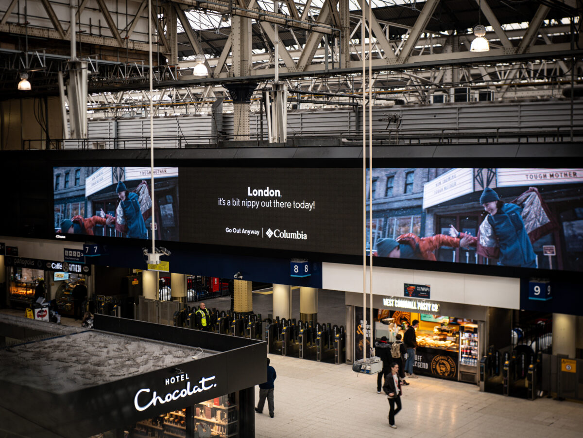 Columbia Sportswear Waterloo billboard. "Go out anyway", says the latest campaign by outerwear brand Colombia Sportswear plays on an every day British topic, the unpredictability of the weather. 