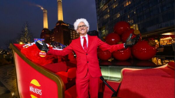 Gary Lineker in front of Walkers sleigh at Battersea Power Station. Gary Lineker caught the attention of the public by driving a Walkers-themed sleigh around Battersea power station, marking the football legend’s 30th year with the brand.