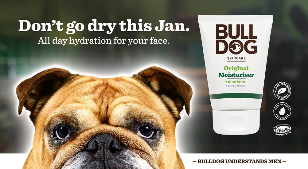 Bulldog Skincare billboard. Bulldog Skincare has hijacked Dry January to encourage men to make sure it’s not their skin that’s going dry, in a cheeky twist on the month.