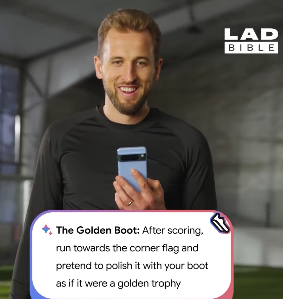 Screenshot from Harry Kane social video. LADbible and Google have teamed up with Harry Kane in an effort to promote Google AI's Bard feature.