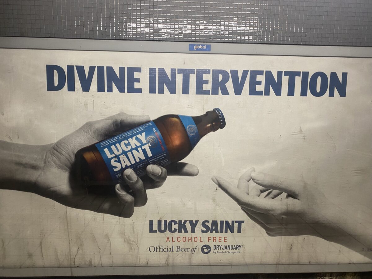 Lucky Saint divine intervention campaign. Non-alcoholic beer brand Lucky Saint has graced the nation with its latest Dry January campaign, focused on incorporating heavenly imagery, in an irreverent twist on the holier than thou stereotype surrounding sobriety.