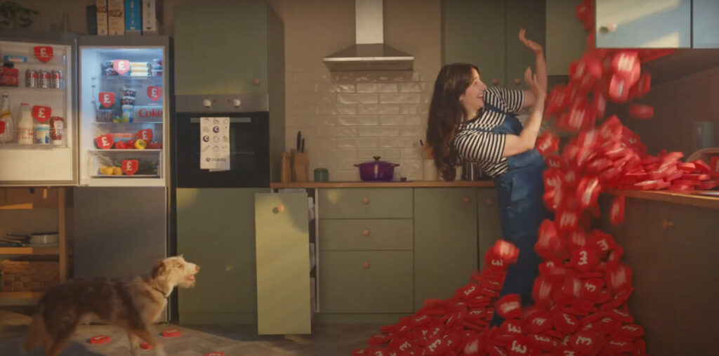 Shot from price cuts ad for Ocado by St Luke's. Ocado's full year results have seen the retailer narrow its losses after it cut its marketing budget by a quarter last year.