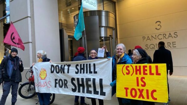 Image of protesters outside Havas. Climate activists once again gathered outside Havas' London headquarters to protest against the agency's relationship with fossil fuel giant Shell.