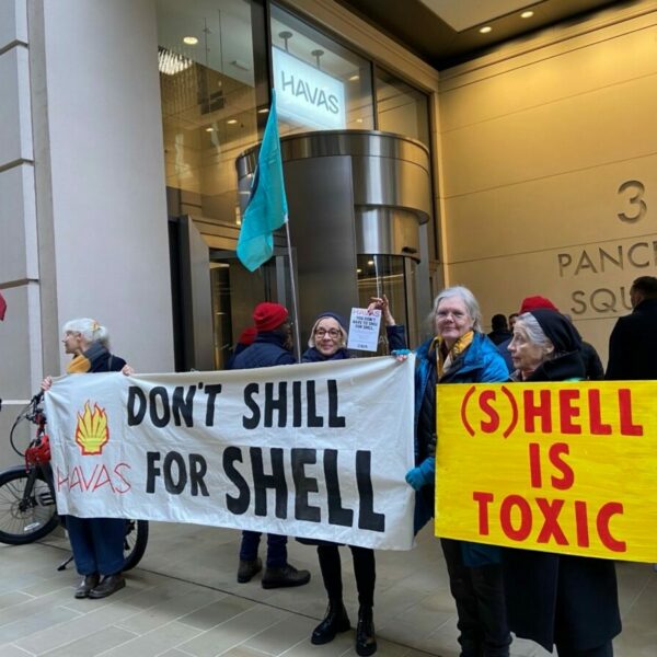 Image of protesters outside Havas' London offices after the holding company renewed its contract with Shell.
