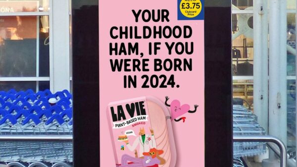 French plant-based pork brand La Vie has launched a playful new campaign to feature in Tesco stores, with tongue-in-cheek slogans including Image of Tesco and La Vie billboard. "Source of protein, fibre and endless debates".