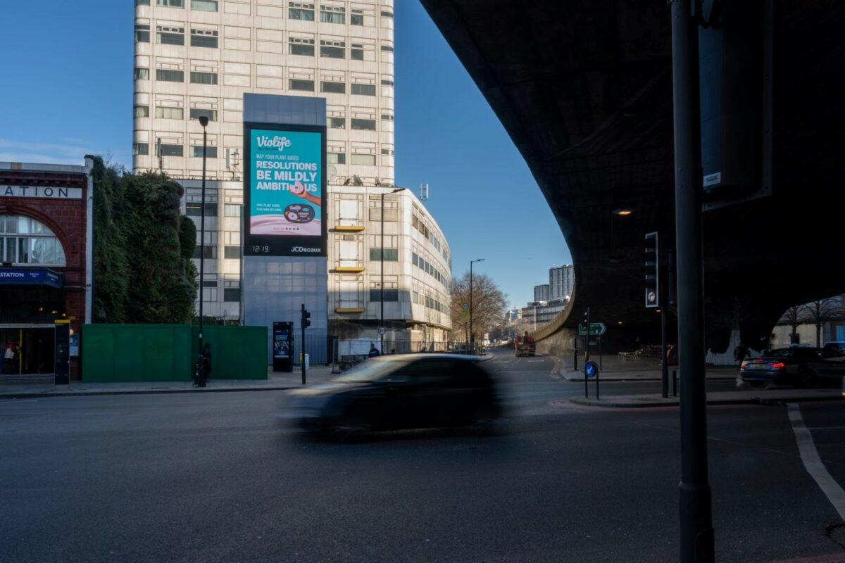 Picture of Violife DOOH billboard. Violife has launched a new DOOH and influencer campaign to help raise awareness about flexitarian creamy and dairy products.