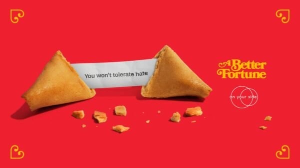 Lunar New Year fortune cookie saying "You won't tolerate hate". A Better Fortune On Your Side campaign Nationwide support and hate crime reporting service On Your Side has collaborated with The Gate London to launch a compelling new campaign centred on Lunar New Year.