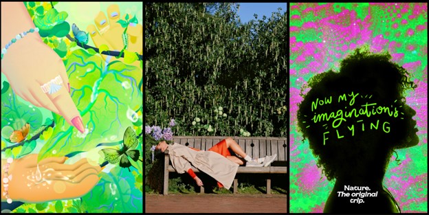 Images of campaigns around nature including psychedelic nature experience, and a woman sitting outside enjouing the slow life. A new Agencies for Nature initiative developed by non-profits Glimpse and Purpose Disruptors, has unveiled a series of five creative campaigns coinciding with Valentines Day, to help encourage a new generation to rekindle their love for nature.