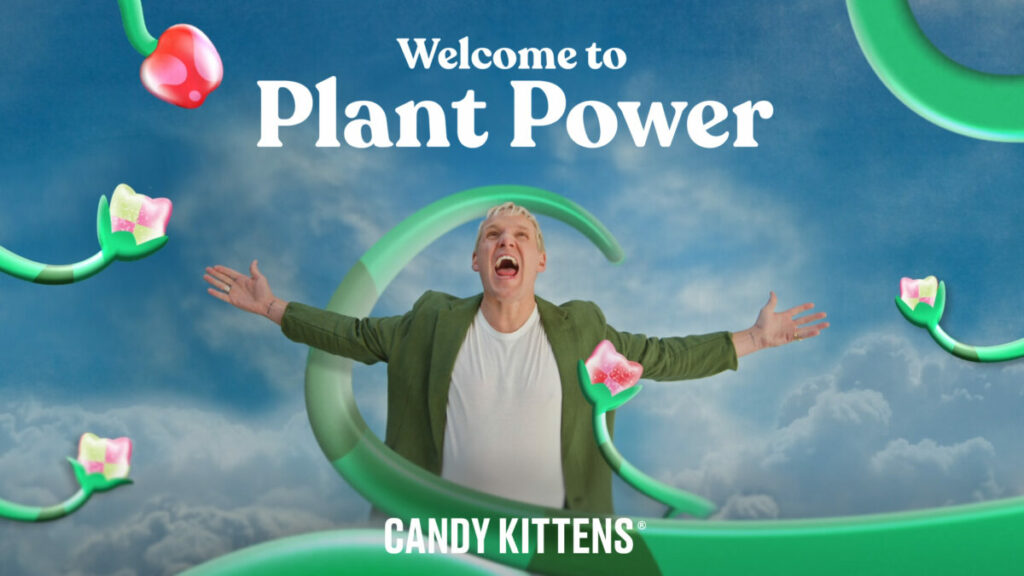 Image of Candy Kittens OOH asset. Candy Kittens stars celebrity founder Jamie Laing in its latest "Welcome to Plant Power" campaign, as it seeks to build on success among millennial and Gen Z consumers.