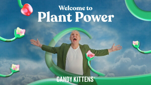 Image of Candy Kittens OOH asset. Candy Kittens stars celebrity founder Jamie Laing in its latest "Welcome to Plant Power" campaign, as it seeks to build on success among millennial and Gen Z consumers.