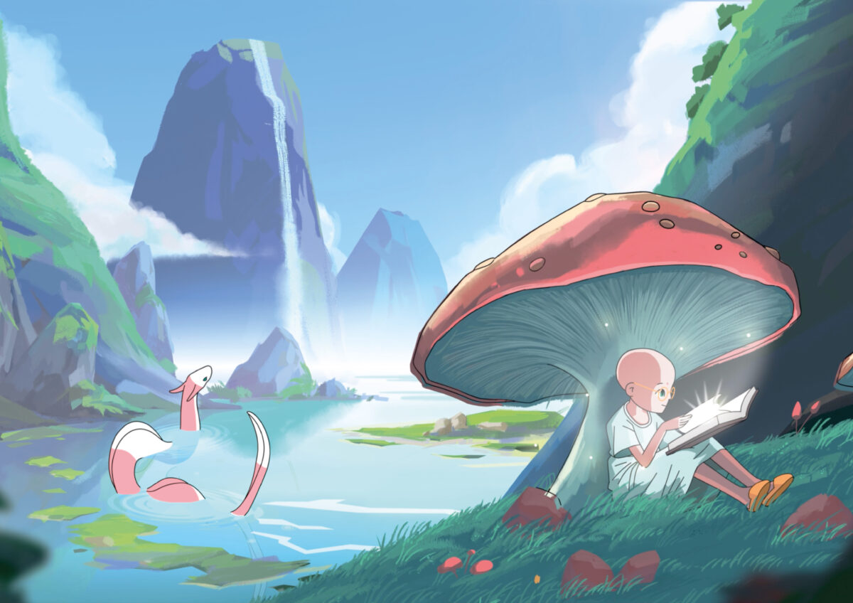 Emmie's Books illustration showing a child in a fantastical landscape reading. Ogilvy Health UK is partnering with charity Emmie's Books in order to launch a Better With Books initiative for Childhood Cancer Day.