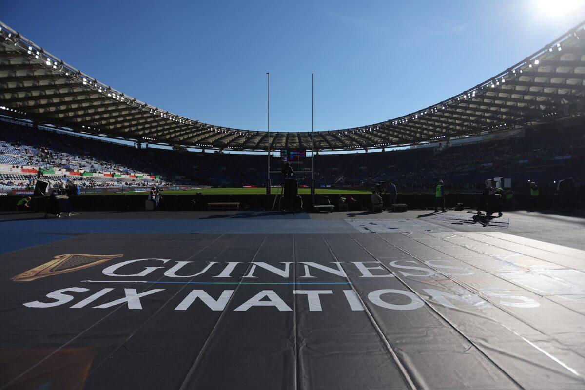 A rugby stadium that is used to play the Six Nations, empty and with Guinness Six Nations in the centre of the field. ITV and Guinness are partnering to trial live descriptive audio commentary for the Guinness Six Nations.