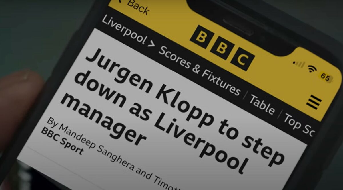Klopp news, screenshot from the trailer. A new tongue-in-cheek trailer from BBC Creative, highlights that gutting football news is on the menu as well as hit television shows like Casualty.