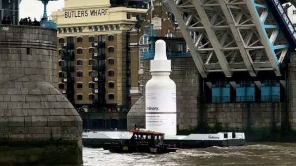 The Ordinary has floated a giant bottle of its flagship reformulated hyaluronic acid product down the river Thames in Central London.