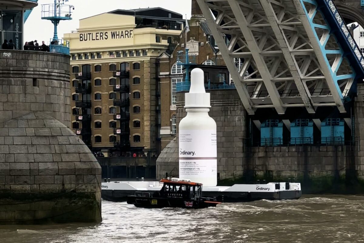 The Ordinary has floated a giant bottle of its flagship reformulated hyaluronic acid product down the river Thames in Central London.