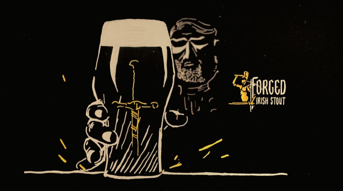 Image from Forged St Patrick's Day ad showing the blacksmith/bartender with a pint of stout.