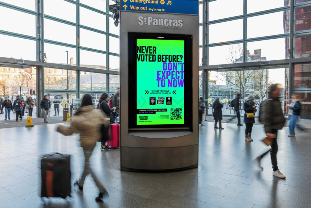 Oliver billboard in St Pancras saying "Never voted before? Don't expect to now". Oliver has created a pan-London OOH campaign entitled "No pic, no vote" to raise awareness of the need for photo ID in order to vote in the London Elections on 2 May 2024.
