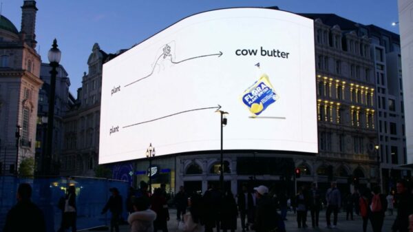 Photo of Flora OOH campaign showing a billboard highlighting that Flora doesn't need to go through a cow. Flora launches latest 'Skip the Cow' spot, suggesting it's just as creamy as 'udder butter'.
