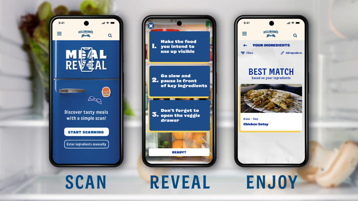 Image of Hellmann's new Meal Reveal app. As part of Food Waste Action Week, Hellmann's has created a new AI-enabled food waste tool to help households use up more of the food they have in their fridge, with a series of great tasting recipes.