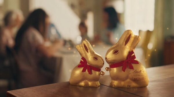 Lindt Easter bunnies in gold foil. Lindt has unveiled its newest advert, capturing the spirit of the Easter bunny in its gold foil and red ribbon.