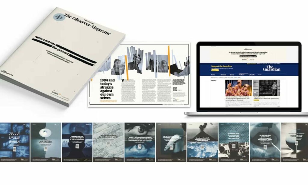 Audible is partnering with the Guardian in a new multi-platform takeover to launch the new Audible Original adaptation of George Orwell's 1984. Image displays the visuals featuring eery images in blue grey of eyes and clouds and more. Credit: The Guardian