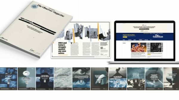 Audible is partnering with the Guardian in a new multi-platform takeover to launch the new Audible Original adaptation of George Orwell's 1984. Image displays the visuals featuring eery images in blue grey of eyes and clouds and more. Credit: The Guardian