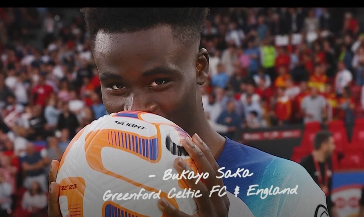 England Respect has launched a new video starring Arsenal winger Bukayo Saka, as part of its "It starts with You" content series. Image shows a young Saka celebrating after scoring.