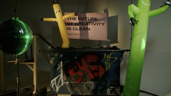 Still from Clean Creatives campaign video, a humorous inflatable figures is next to a sign which reads "The future of creativity is clean". Campaign group Clean Creatives has signed 1,000 agencies to its pledge to stop working with fossil fuel polluters.