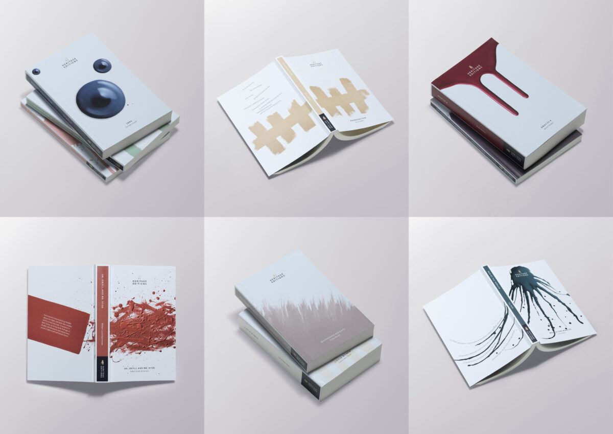 An image showing the different book covers created for Dulux Heritage by Ogilvy. For example Dracula is shown to represent a dark, rich blood red colour with a dripping red image on the front, while the bespoke cover of Frankenstein is shown with a pastel-colour that is the colour of white skin in a shape that represents stitches. The colours were linked with the books after an analysis of the different emotions contained within the stories linked them up with hues that evoked those feelings.