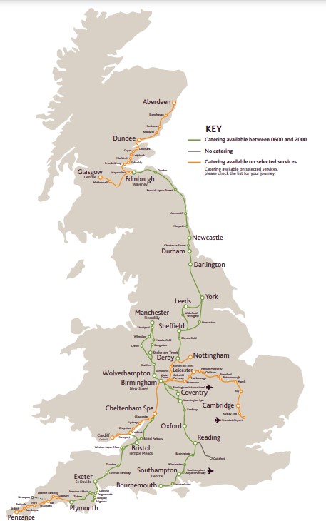 A route map for Cross Country Trains which shows services with partial catering, no catering and catering on selected services. Some of the services had no catering available, or only partial catering leading the ASA to ban the ad which claimed catering was available.