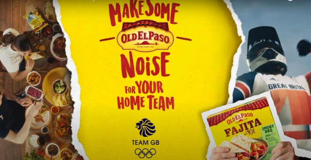 Old El Paso image from campaign showing Team GB eating together, Team GB BMX cyclist and Old El Paso branding with slogan "Make some noise for your home team". Old El Paso has teamed up with Team GB to launch a new multi-million campaign ahead of the Paris 2024 Olympics.