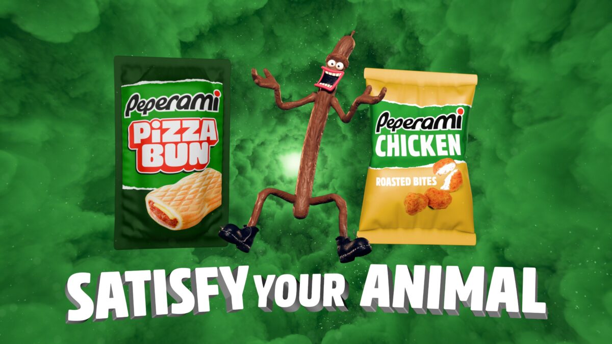 New creative from peperami showing the animal character with a smiling face and two examples of the snack item on a green background. Peperami is bringing back its iconic ‘Animal’  character after nearly a decade since it last graced the nation’s television screens.