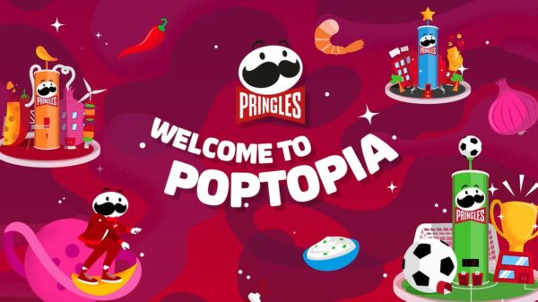Branding reads "Welcome to Poptopia" with icons including gootball, and crisp related imagery, as well as shrimps and chillis representing flavour, plus the Mr B brand mascot with his trademark large moustache. Pringles taps into Adobe to create Poptopia brand world