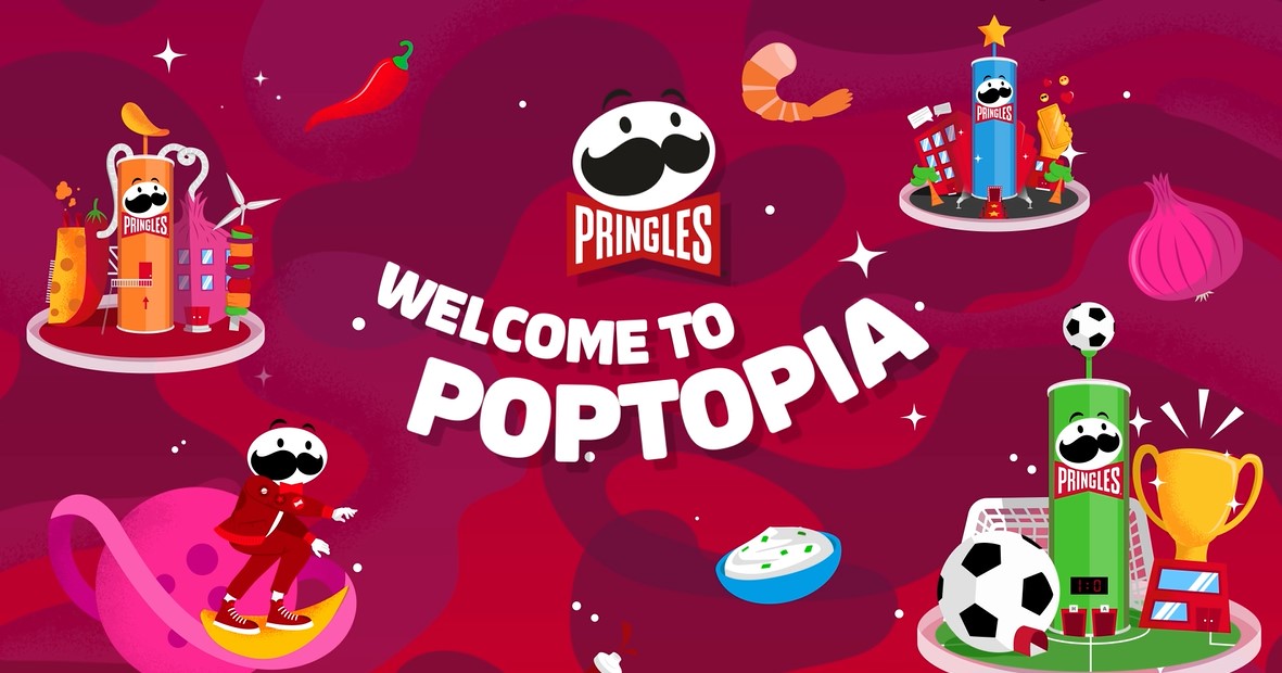 Branding reads "Welcome to Poptopia" with icons including gootball, and crisp related imagery, as well as shrimps and chillis representing flavour, plus the Mr B brand mascot with his trademark large moustache. Pringles taps into Adobe to create Poptopia brand world