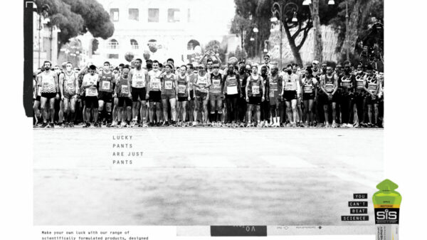 Runners at the start of a race, tense and hopeful as they wait for the starting gun. Documentary style typography reads "Lucky Pants are just Pants" and then "Make your own luck with our scientifically formulated products, designed to enhance any athlete's performance. And You don't have to wash them". A slogan in the corner reads You can't beat science" next to a bottle of Science in Sport drink. Science in Sport unveils new brand platform to increase appeal to endurance sports enthusiasts, like marathon runners, triathletes and long distance cyclists.