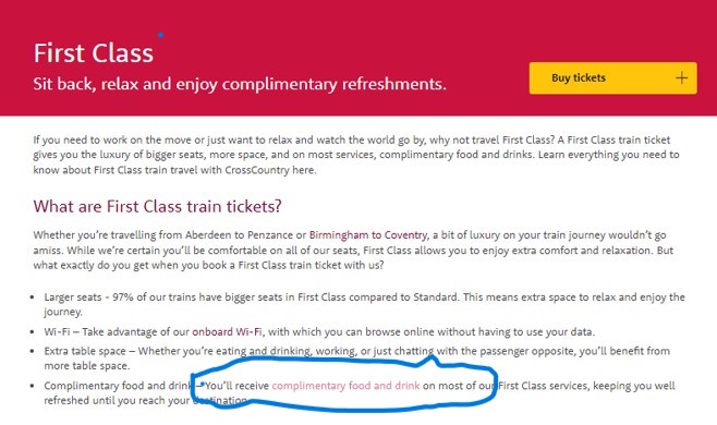 A screenshot from Cross Country Trains website. Circled is a claim that passengers "will receive complimentary food and drink on most of our First Class services".