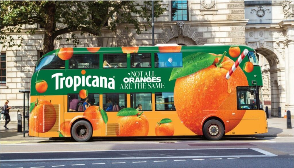 A bus wrapped in bright Tropicana branding with oranges, and an orange with a straw in it - all to show off freshness. Tropicana has launched a new £3.5 million campaign to mark its "It's THAT Juice" platform.