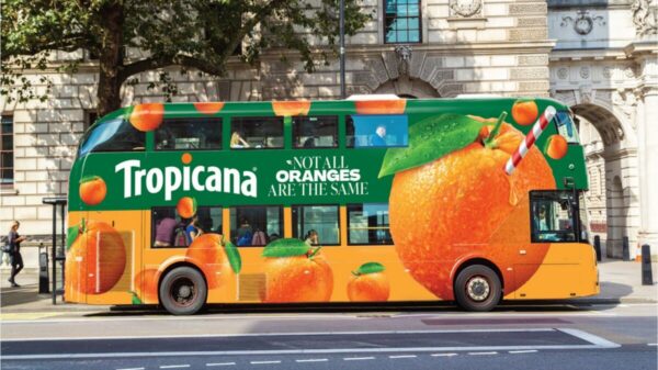 A bus wrapped in bright Tropicana branding with oranges, and an orange with a straw in it - all to show off freshness. Tropicana has launched a new £3.5 million campaign to mark its "It's THAT Juice" platform.