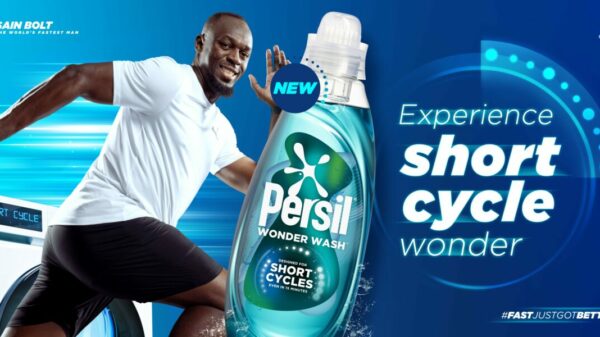 Unilever brand Dirt Is Good is starring Usain Bolt in a multi-million pound marketing campaign to support the launch of its new Persil Wonder Wash product. The image shows Usain Bolt preparing to sprint on a green background with the phrase "Experience Short Cycle Wonder". Behind him is a laundry that reads "Short Cycle" on the settings screen. In the left hand corner is the phrase "Usain Bolt the world's fastest man"