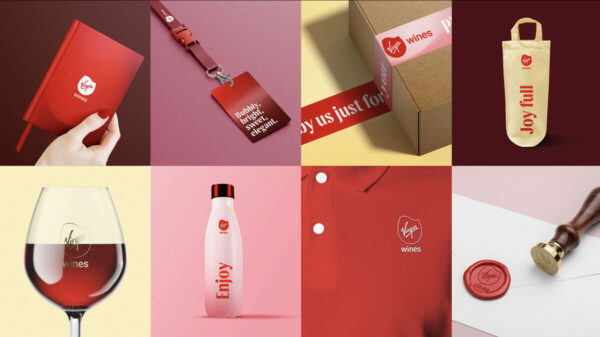 Image shows Virigin Wines assets including a bottle, a box, new clothing, a stamp and a notebook. All feature the new logo. Virgin wines has teamed up with Borne in order to create a full scale rebrand of twenty-year old business Virgin Wines.