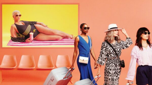 Models dressed in sunglasses, sunhats stroll through the airport, against a cool pink background. Freemans is showcasing newly-added labels Sosandar, White Stuff, Little Mistress, Gola and Colorwow, in its 'Made You Look' summer campaign.