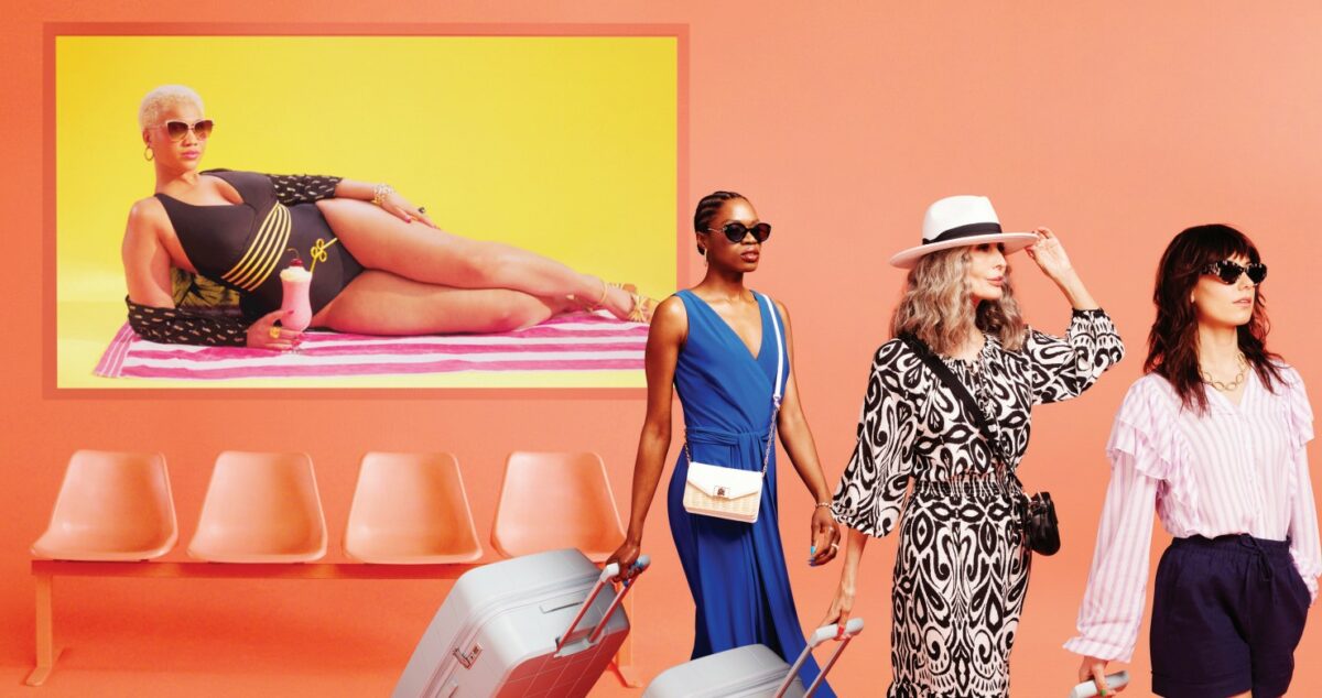 Models dressed in sunglasses, sunhats stroll through the airport, against a cool pink background. Freemans is showcasing newly-added labels Sosandar, White Stuff, Little Mistress, Gola and Colorwow, in its 'Destination Summer' campaign.