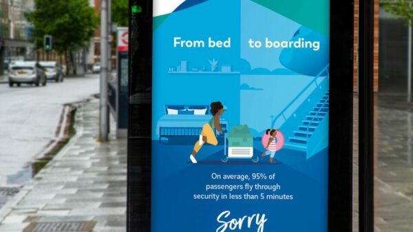 A billboard with playful cartoon-like characters reads "From bed to boarding" and features the very British apology, "Sorry for the convenience", spotlighting the ease of service at Gatwick airport. Gatwick shares a playful nod to British politeness tropes to spotlight Gatwick's convenience and accessibility in its latest campaign.