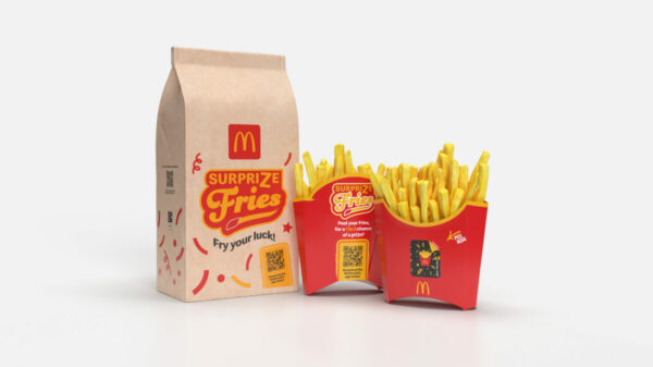 Mcdonald's packaging reading "Surprize Fries". McDonald's is putting the glory of a pleasant surprise centre stage in its latest marketing push.