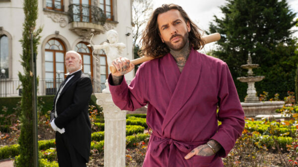 Pete Wicks clad in an opulent road holds baseball bat. Towie star Pete Wicks stars in a Saltburn-style spoof video for Sky Mobile, to mark May 1, which has been revealed as the day Brits are most in danger of being dumped.