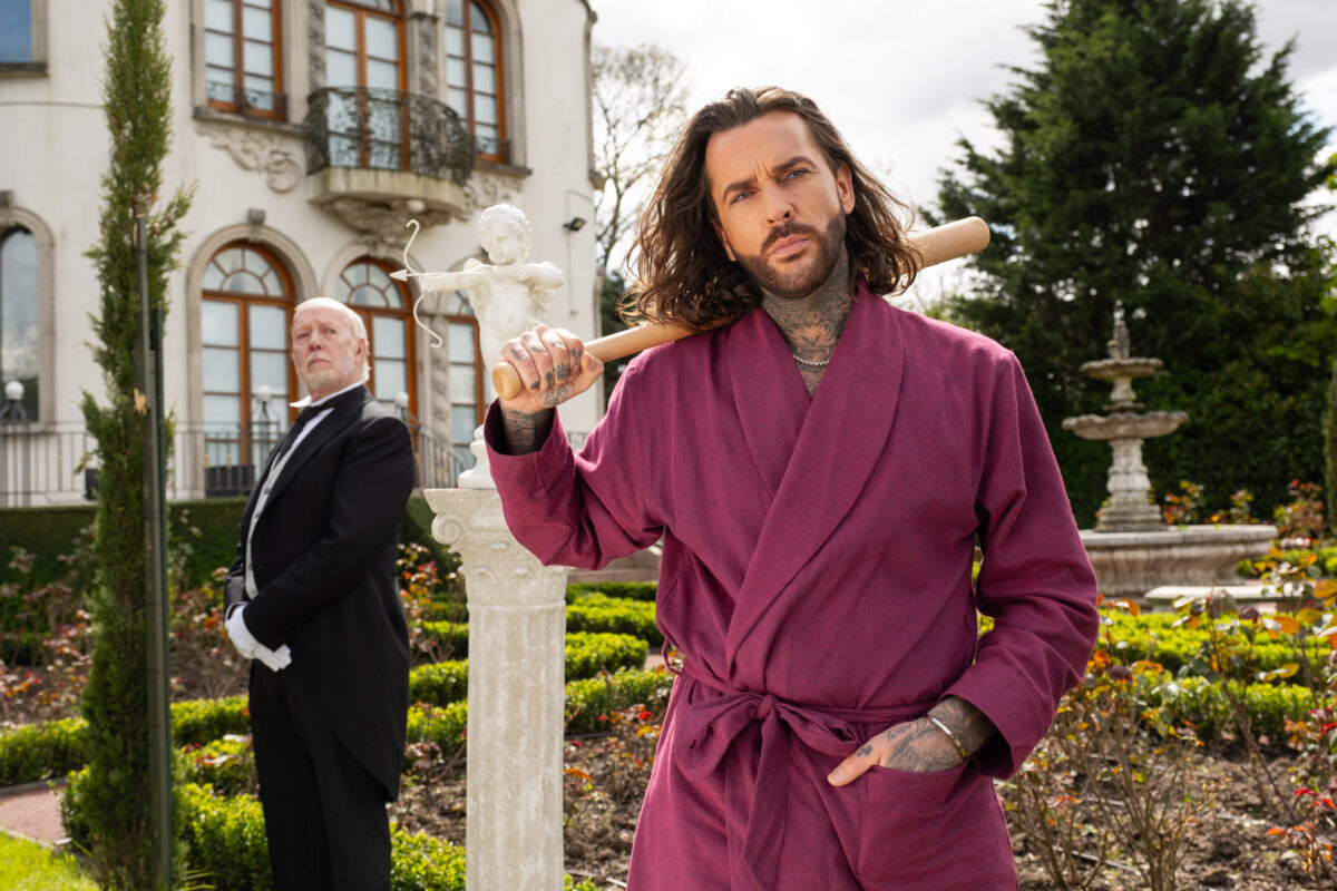 Pete Wicks clad in an opulent road holds baseball bat. Towie star Pete Wicks stars in a Saltburn-style spoof video for Sky Mobile, to mark May 1, which has been revealed as the day Brits are most in danger of being dumped.
