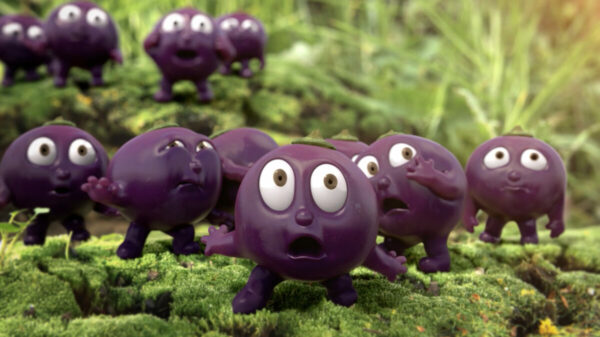 Ribena berry figures looking shocked with wide eyes. Ribena is returning to the screen again this summer, after its successful return after a ten year hiatus to mark the brand's 85th anniversary.