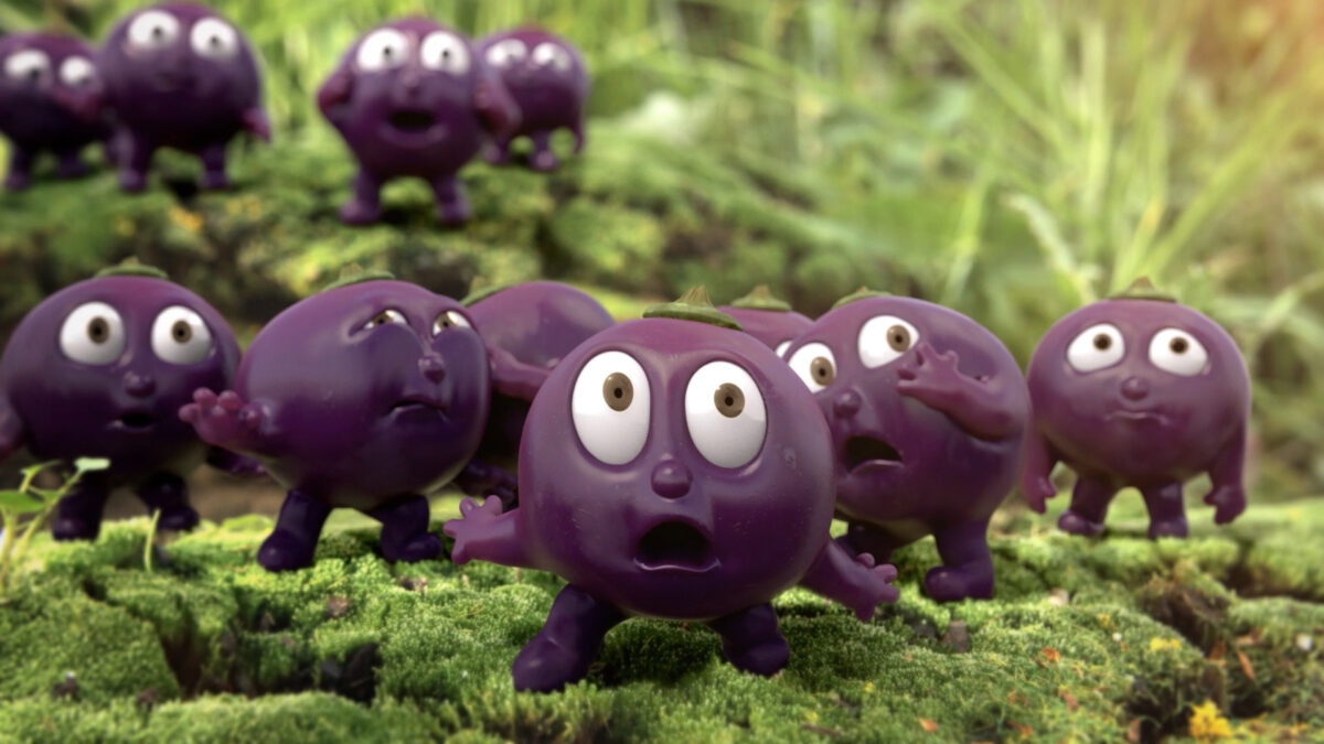 Ribena berry figures looking shocked with wide eyes. Ribena is returning to the screen again this summer, after its successful return after a ten year hiatus to mark the brand's 85th anniversary.